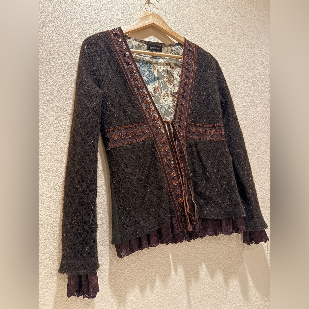 Vintage Y2K Bebe Whimsygoth Embellish embroidered tie front mesh Lace cardigan
